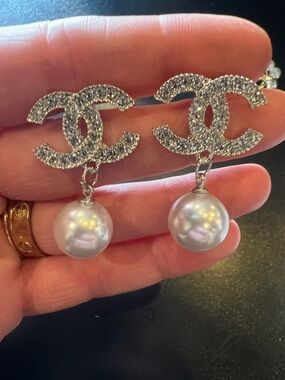 CHANEL Silver Crystal CC Logo Earrings with White Pearl Drops